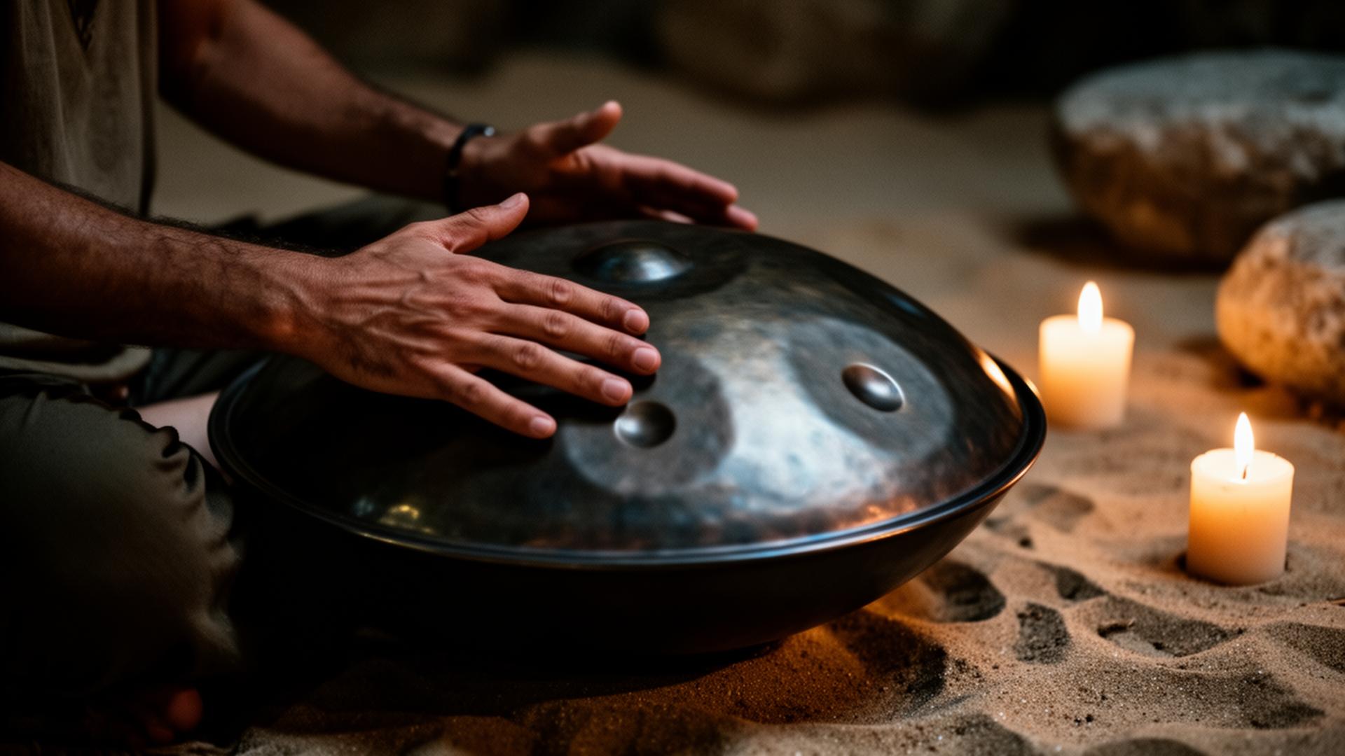 Hands playing a steel tongue drum by candlelight
